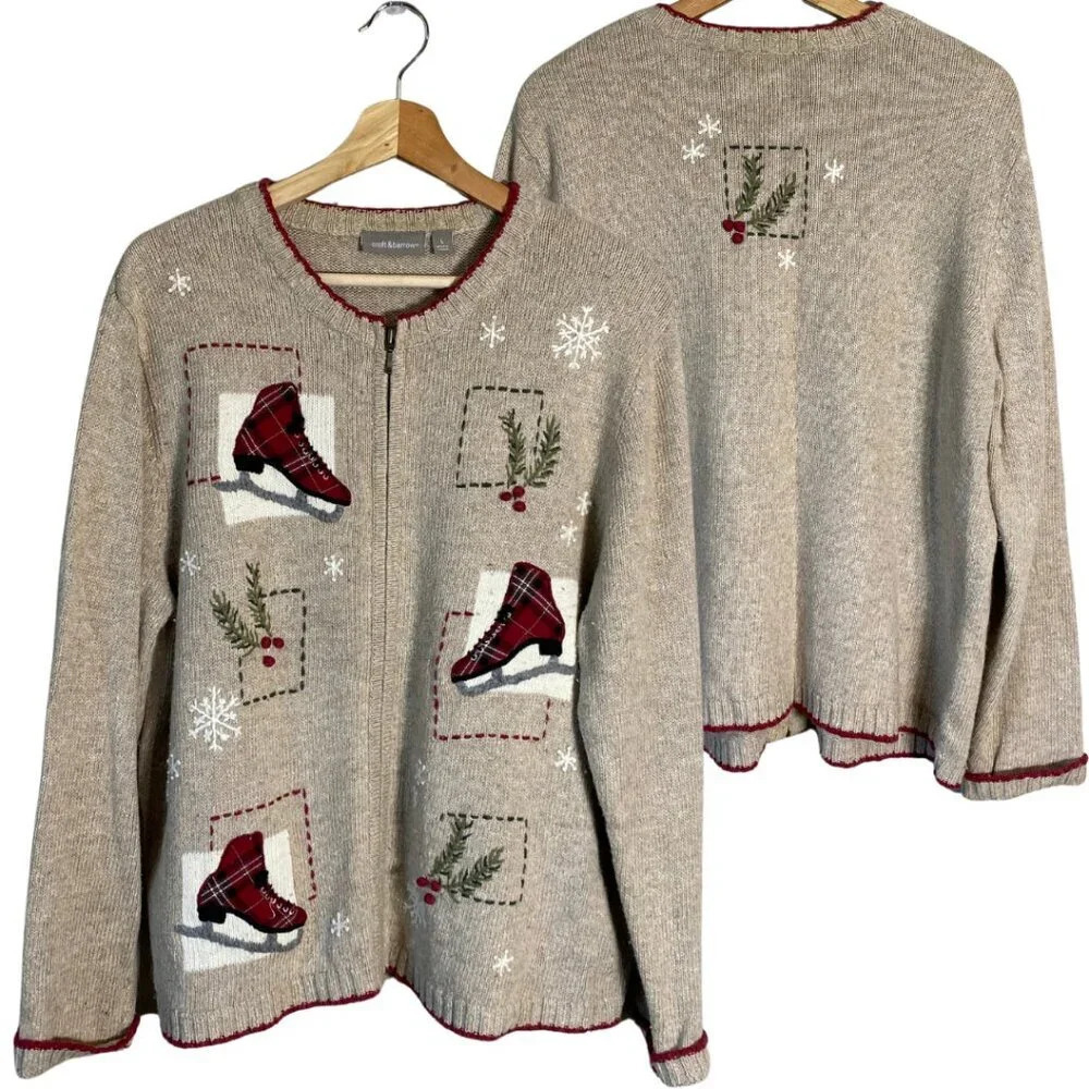 Vtg Croft & Barrow Ice Skating Christmas Wool Angora Full Zip Sweater Women's L